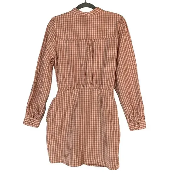 Sezane Jamy Linen Check Shirt Dress Faux Wrap Women 42 Pink Plaid Long Sleeve - Picture 15 of 16